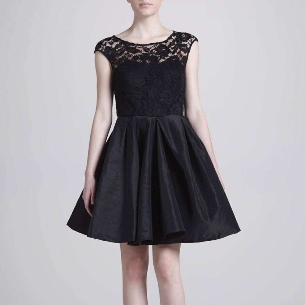 Marchesa Notte Lace Illusion Fit & Flare Taffeta Retro Cocktail Mini Dress Black